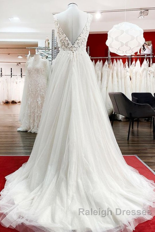 Modest Long A Line V Neck Tulle Ruffles Backless Wedding Dress With Lace Secondary image