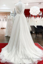 Modest Long A Line V Neck Tulle Ruffles Backless Wedding Dress With Lace