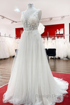 Modest Long A Line V Neck Tulle Ruffles Backless Wedding Dress With Lace