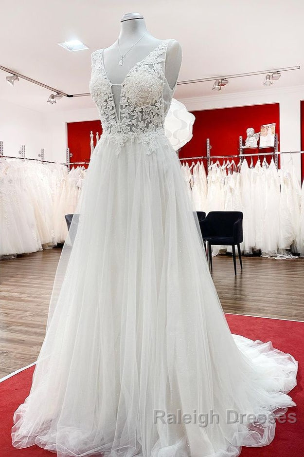 Modest Long A Line V Neck Tulle Ruffles Backless Wedding Dress With Lace