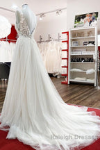 Modest Long A Line V Neck Tulle Ruffles Backless Wedding Dress With Lace