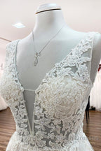 Modest Long A Line V Neck Tulle Ruffles Backless Wedding Dress With Lace
