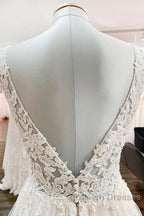 Modest Long A Line V Neck Tulle Ruffles Backless Wedding Dress With Lace