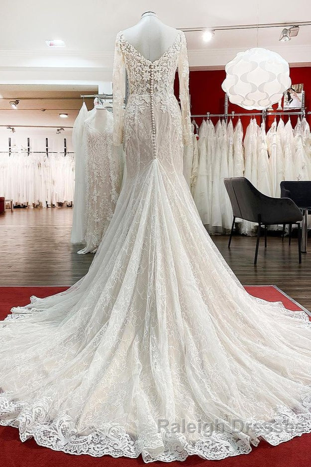 Modest Long Mermaid Sweetheart Tulle Lace Wedding Dresses with Sleeves Secondary image