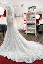 Modest Long Mermaid Sweetheart Tulle Lace Wedding Dresses with Sleeves