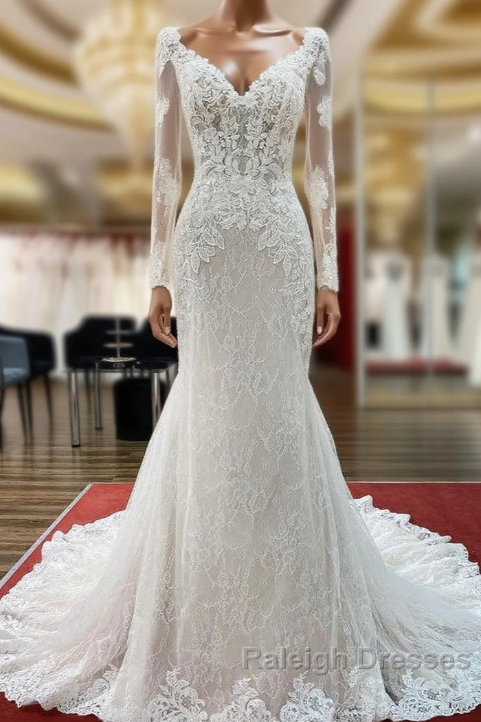Modest Long Mermaid Sweetheart Tulle Lace Wedding Dress with Sleeves Main image