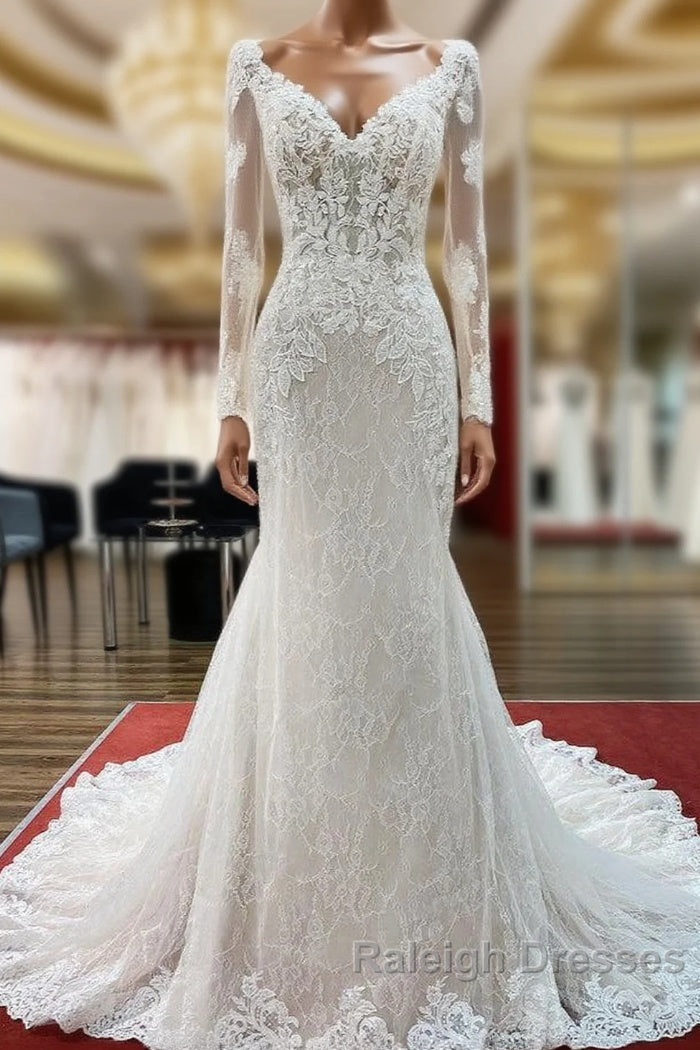 Modest Long Mermaid Sweetheart Tulle Lace Wedding Dresses with Sleeves Main image