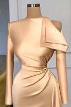 Modest Long Sleeves Ruched Mermaid Prom Dresses With Cool Shoudler