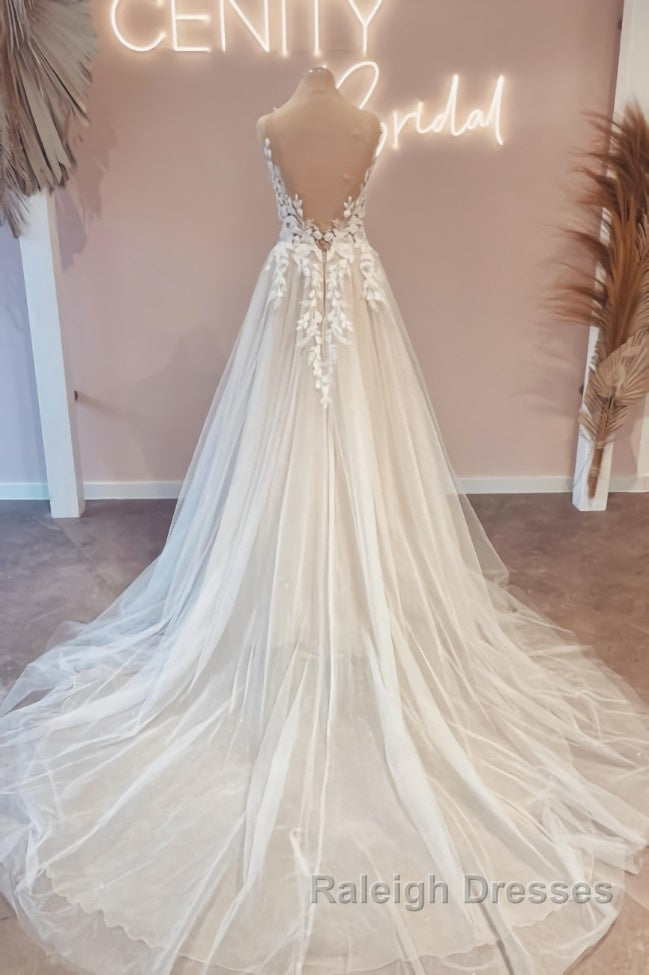 Modest Long V Neck Sleeveless Lace Backless Wedding Dress Online Secondary image