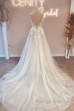 Modest Long V Neck Sleeveless Lace Backless Wedding Dress Online