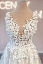 Modest Long V Neck Sleeveless Lace Backless Wedding Dress Online