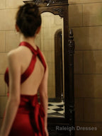 Modest Mermaid Backless Red Floor Length Evening Dress Satin Prom Dresses