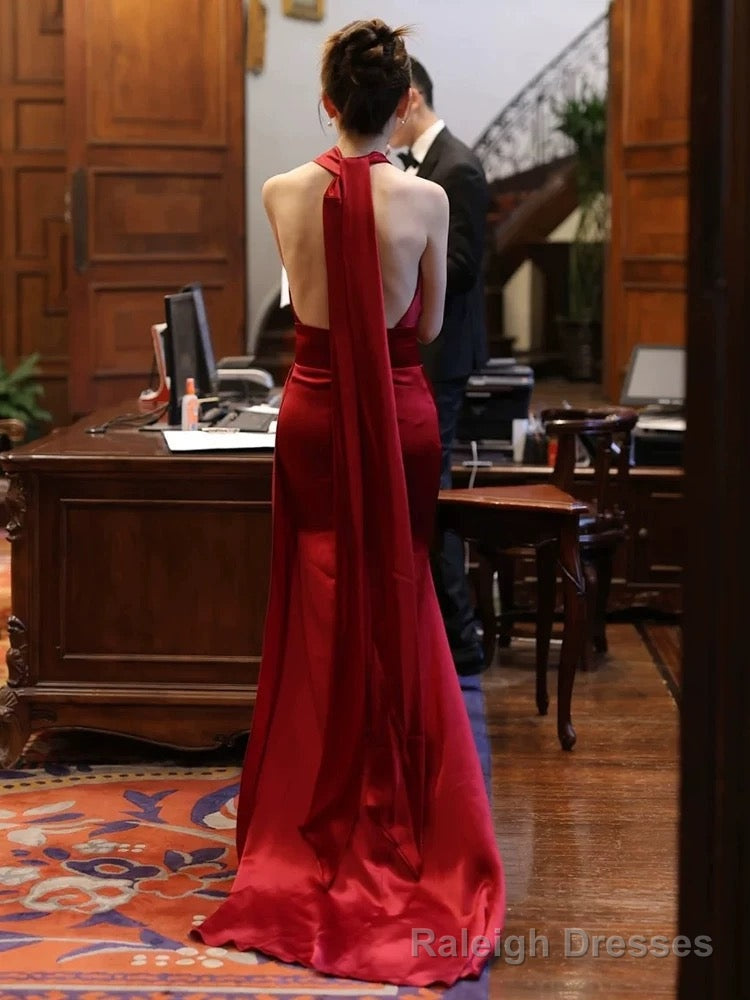 Modest Mermaid Backless Red Floor Length Evening Dress Satin Prom Dresses Main image