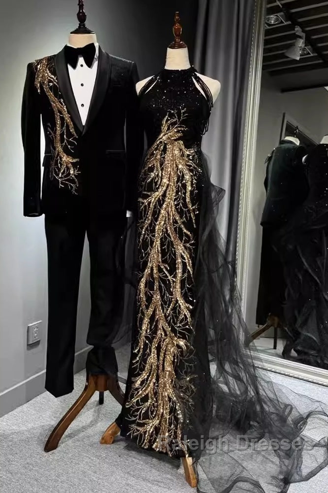 Modest Mermaid Halter Long Black Prom Dresses