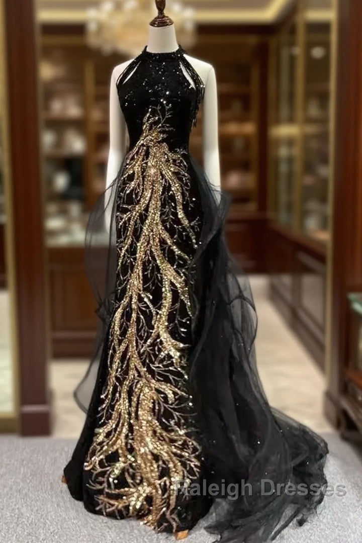 Modest Mermaid Halter Long Black Prom Dresses Main image