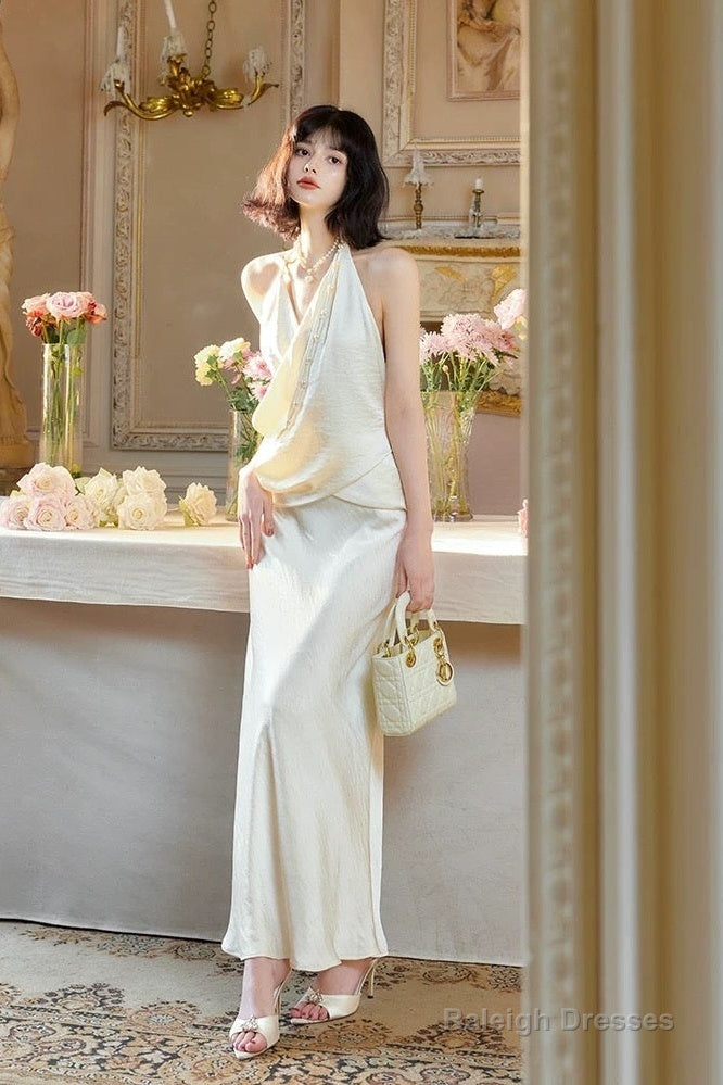 Modest Mermaid Halter Ruffles Long Evening Dress White Prom Dresses Secondary image