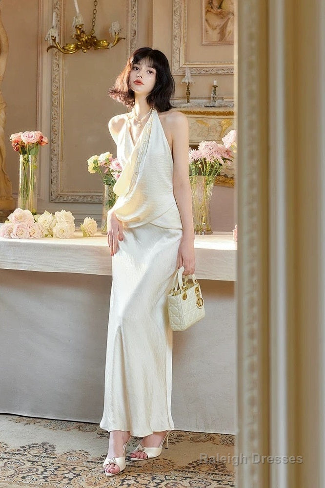 Modest Mermaid Halter Ruffles Long Prom Dresses White Prom Dress Secondary image