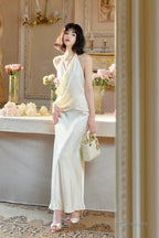 Modest Mermaid Halter Ruffles Long Prom Dresses White Prom Dress
