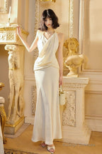 Modest Mermaid Halter Ruffles Long Evening Dress White Prom Dresses