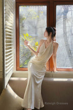 Modest Mermaid Halter Ruffles Long Evening Dress White Prom Dresses