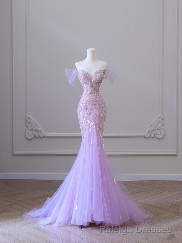 Modest Mermaid Off The Shoulder Lilac Tulle Flowers Prom Dress Long Prom Dresses Main image