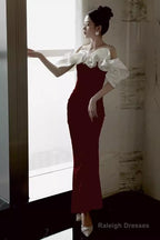 Modest Mermaid Off The Shoulder Long Red Satin Prom Dresses
