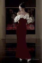 Modest Mermaid Off The Shoulder Long Red Satin Prom Dresses