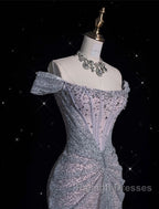 Modest Mermaid Off The Shoulder Sequin Long Prom Dresses Formal Graduation Party Dress Evening Dress