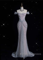 Modest Mermaid Off The Shoulder Sequin Long Prom Dresses Formal Graduation Party Dress Evening Dress