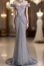 Modest Mermaid Off The Shoulder Sequin Long Prom Dresses Formal Graduation Party Dress Evening Dress