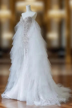 Modest Mermaid Off The Shoulder White Tulle Long Wedding Dress Brides Dresses