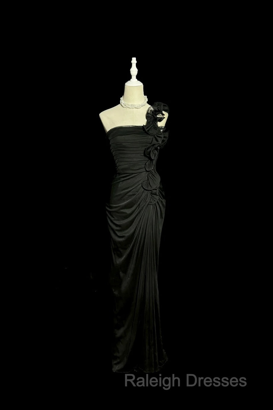 Modest Mermaid One Shoulder Black Satin Prom Dresses Long Prom Dresses