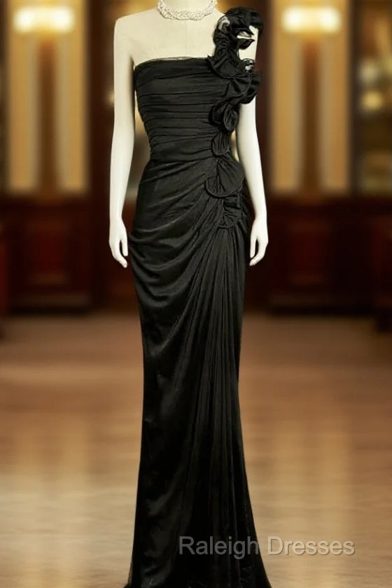 Modest Mermaid One Shoulder Black Satin Long Prom Dress Party Dress Main image