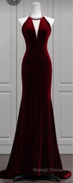 Modest Mermaid Scoop Neckline Burgundy Velvet Long Party Dress Prom Dress