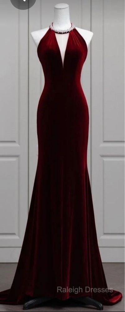 Modest Mermaid Scoop Neckline Burgundy Velvet Long Party Dress Prom Dress