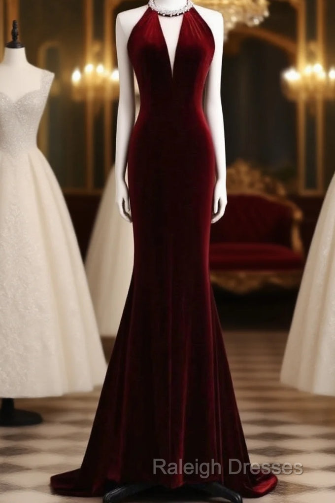 Modest Mermaid Scoop Neckline Burgundy Velvet Long Prom Dresseses Main image