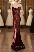 Modest Mermaid Spaghetti Straps Burgundy Prom Dresses Ruffle Long Prom Dresses