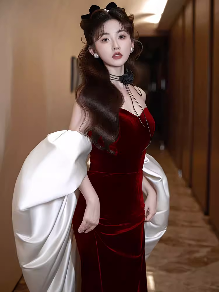 Modest Mermaid Strapless Burgundy Long Prom Dress Secondary image