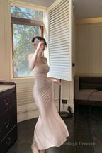 Modest Mermaid Spaghetti Straps Pink Ankle Length Prom Dresses