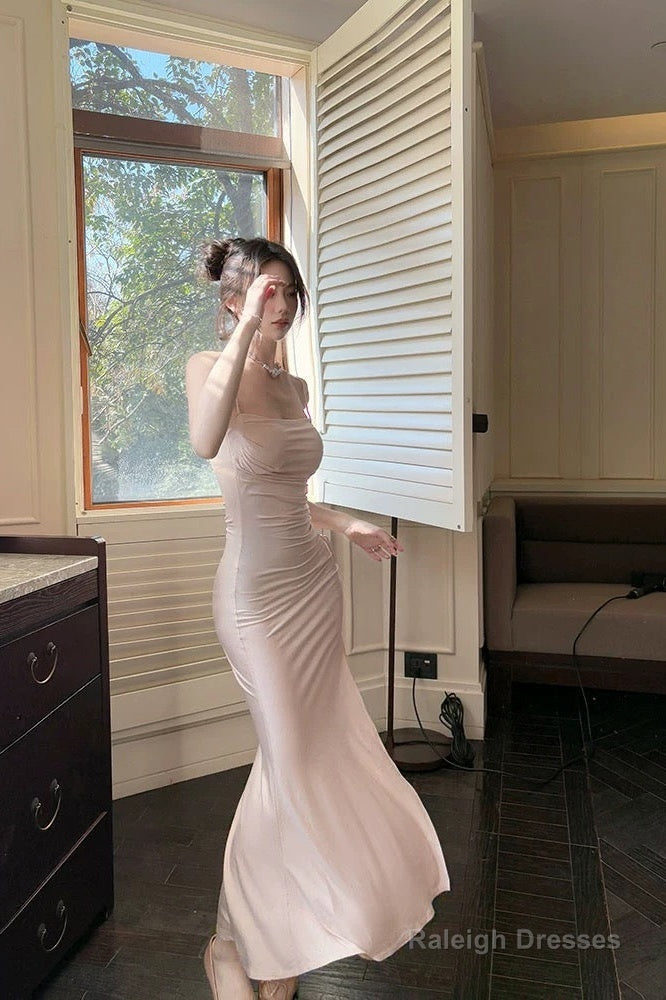 Modest Mermaid Spaghetti Straps Pink Ankle Length Prom Dresses