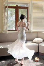 Modest Mermaid Spaghetti Straps White Long Prom Dresses