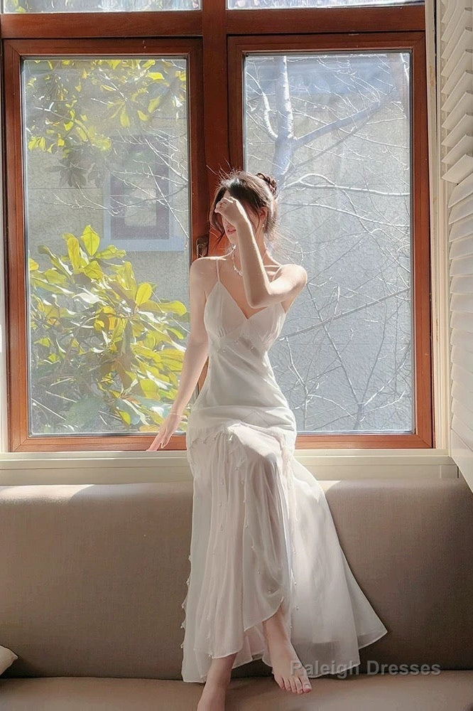 Modest Mermaid Spaghetti Straps White Long Evening Dress Prom Dresses