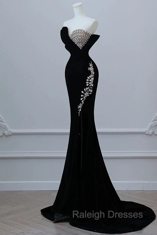 Modest Mermaid Strapless Black Long Floor Length Beads Prom Dresses Secondary image