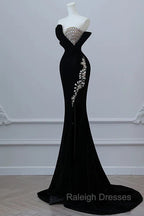 Modest Mermaid Strapless Black Long Floor Length Beads Prom Dresses