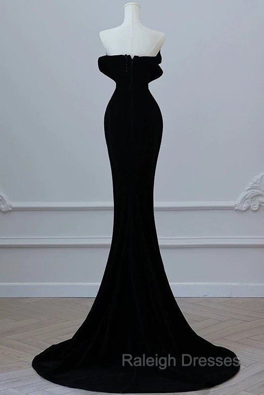 Modest Mermaid Strapless Black Long Floor Length Beads Prom Dresses