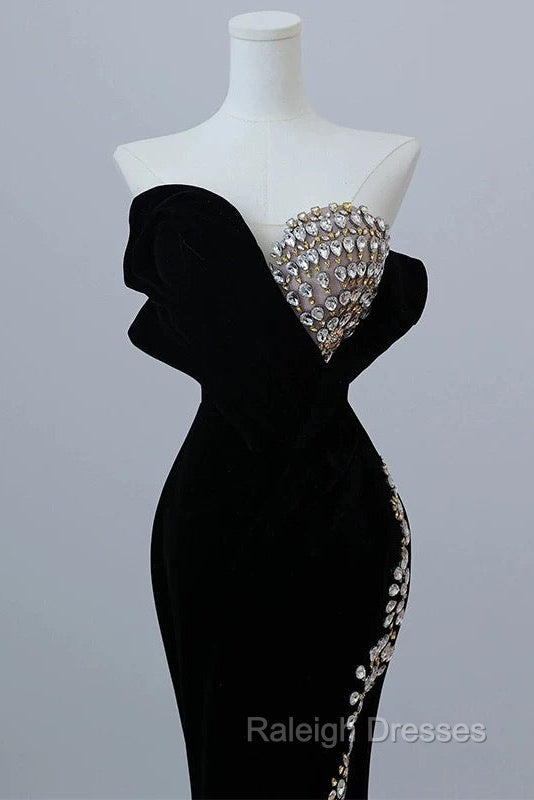 Modest Mermaid Strapless Black Long Floor Length Beads Prom Dresses