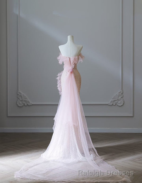 Modest Mermaid Strapless Pink Tulle Flowers Prom Dress Long Prom Dresses Secondary image