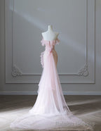 Modest Mermaid Strapless Pink Tulle Flowers Prom Dress Long Prom Dresses