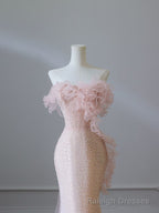 Modest Mermaid Strapless Pink Tulle Flowers Evening Dress Long Prom Dresses