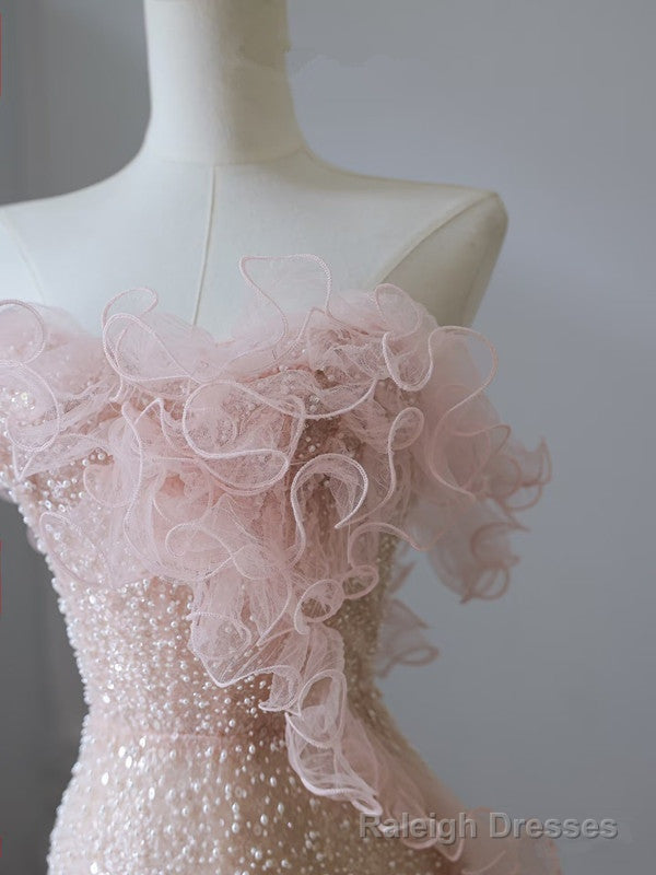 Modest Mermaid Strapless Pink Tulle Flowers Prom Dress Long Prom Dresses